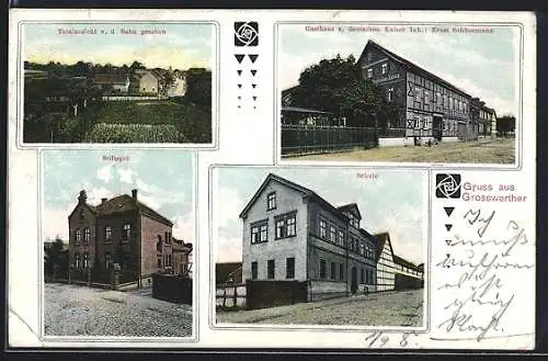 AK Grosswerther, Gasthaus zum deutschen Kaiser, Inhaber Ernst Schönemann, Schule, Stiftsgut & Ortsansicht von der Bahn