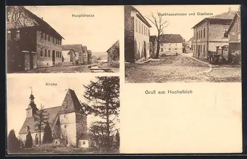 AK Hachelbich, Hauptstrasse, Kirche und Backhausstrasse mit Gasthaus