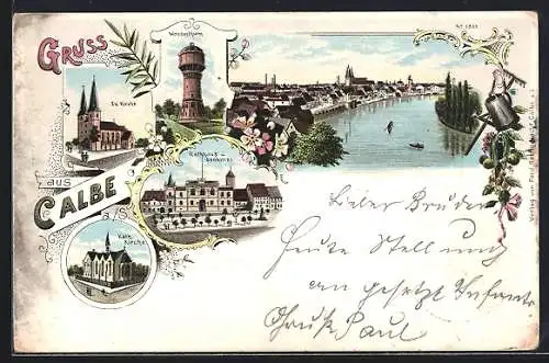 Lithographie Calbe / Saale, Ev. Kirche, Rathaus und Wasserturm