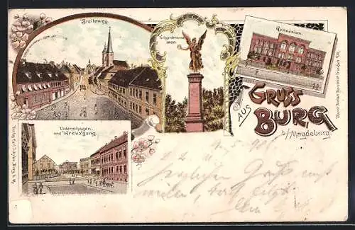 Lithographie Burg / Anhalt, Kriegerdenkmal, Breiteweg und Gymnasium