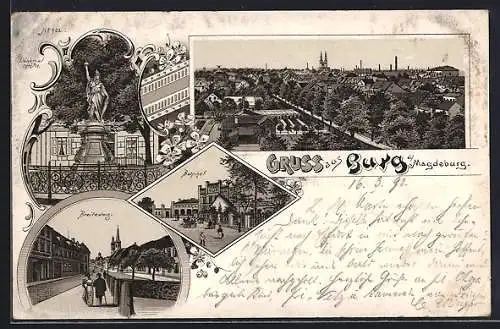 Lithographie Burg b. Magdeburg, Breiteweg, Bahnhof und Denkmal