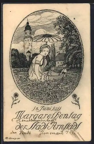 AK Arnstadt, Margarethentag 1911, Mädchen mit Blume als Sonnenschirm, Blumentag