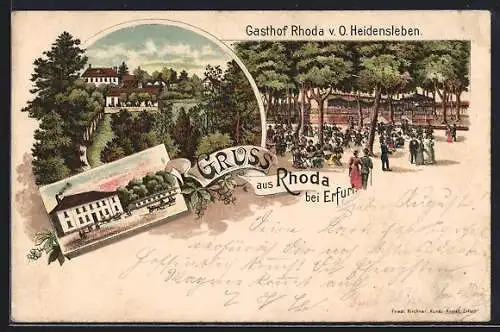 Lithographie Rhoda /Erfurt, Gasthof Rhoda O. Heidensleben mit Strasse und Garten