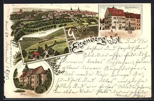 Lithographie Eisenberg / S.- A., Totalansicht, Superindentur, Schloss