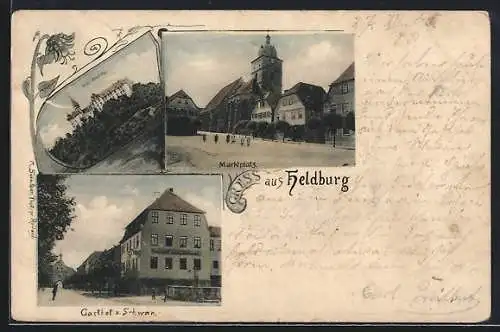 AK Heldburg, Gasthof z. Schwan, Veste Heldburg und Marktplatz