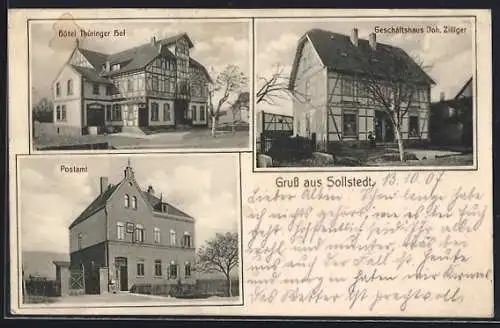 AK Sollstedt / Wipper, Postamt, Hotel Thüringer Hof und Handlung Joh. Zilliger