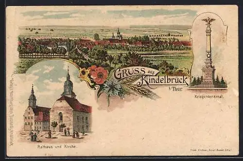 Lithographie Kindelbrück i. Thür., Rathaus und Kirche, Kriegerdenkmal