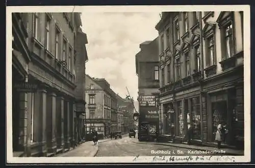 AK Buchholz i. Sa., Buchhandlung und Schuhgeschäft n der Karlsbaderstrasse