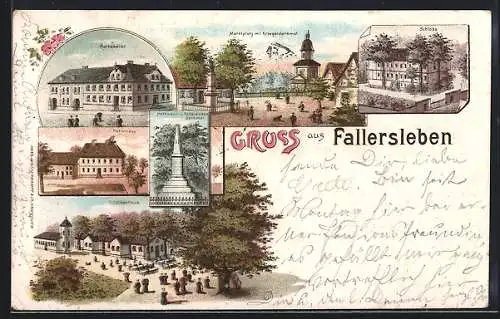 Lithographie Fallersleben, Gasthaus Ratskeller, Schulhaus, Schützenhaus, Marktplatz mit Kriegerdenkmal