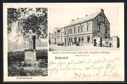 AK Dodendorf, Gasthof zum schwarzen Adler, Inh. Hermann Wilhelm, Schill-Denkmal