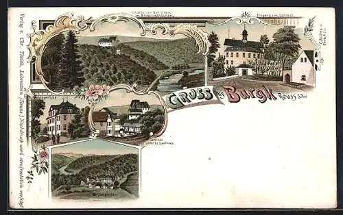 Lithographie Burgk / Saale, Schloss und unteres Gasthaus, Amtsgericht, Burgkhammer