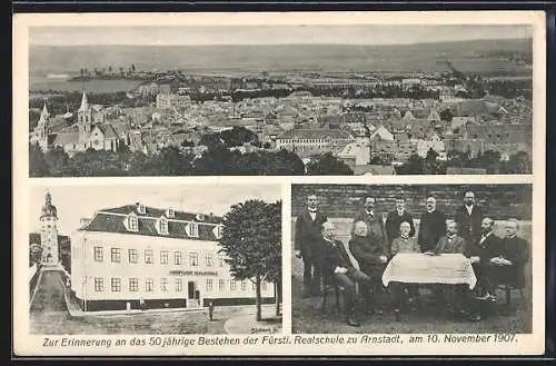 AK Arnstadt, 50-jähriges Bestehen der Fürstl. Realschule 1907, Panorama und Partie an der Schule