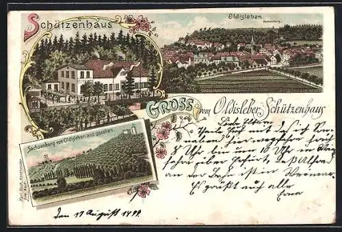 Lithographie Oldisleben, Gasthaus Oldisleber Schützenhaus, Blick auf Sachsenburg