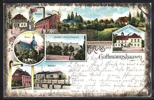 Lithographie Guthmannshausen, Gasthof zum Weimarischen Hof, Gasthof zum Kaiser Friedrich, Molkerei, Bahnhof