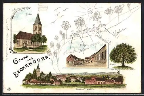 Lithographie Beckendorf, Kirche, Strasse, Totalansicht