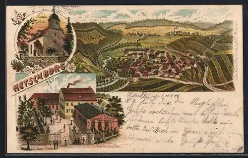 Lithographie Hetschburg a. Ilm, Hertel`s Gasthof, Kirche, Gesamtansicht