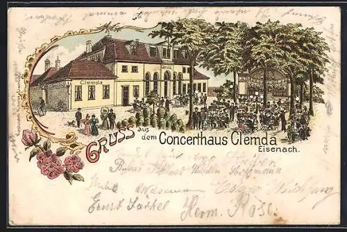 Lithographie Eisenach / Thüringen, Gasthaus-Concerthaus Clemda, Gartenwirtschaft