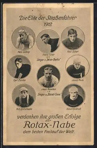 AK Fahrrad-Rennfahrer 1912, Hans Ludwig, Franz & Paul Suter, Jean Rosellen u. a., Reklame für die Rotax-Nabe