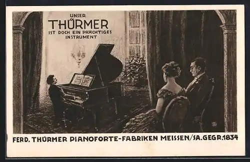 Künstler-AK Meissen /Sa., Pianist am Thürmer-Flügel, Ferd. Thürmer Pianoforte-Fabriken