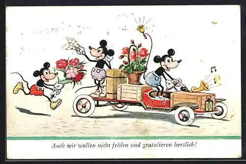 AK Drei Mickey Maus-Figuren mit Blumen auf einem Auto