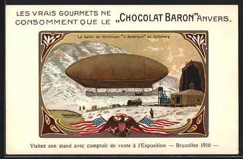 AK Le ballon de Wellmann l`Amérique au Spitzberg, Chocolat Baron, Anvers