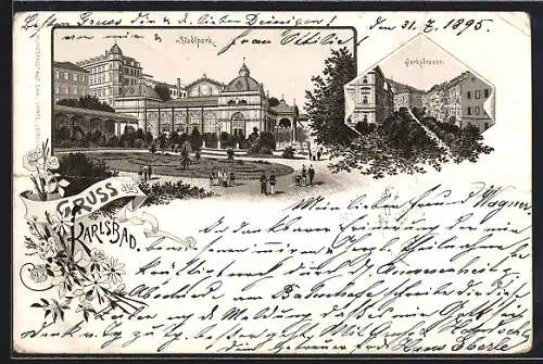 Vorläufer-Lithographie Karlsbad, 1895, Blick auf Stadtpark und Parkstrasse