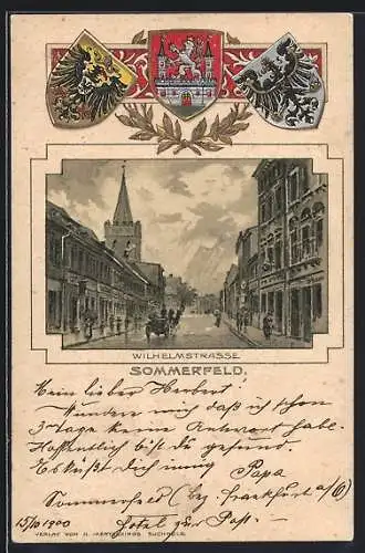 Präge-Lithographie Sommerfeld, Partie in der Wilhelmstrasse, Passepartout mit Wappen