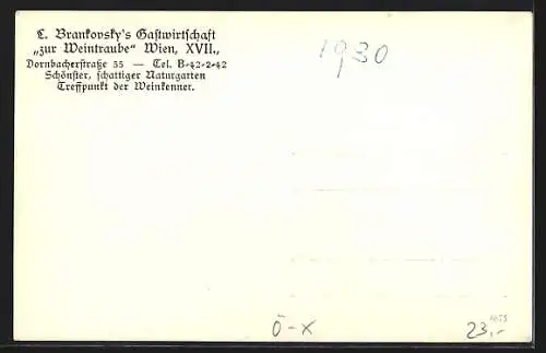 AK Wien, Brankovsky`s Gastwirtschaft zur Weintraube, Dornbacherstrasse 35