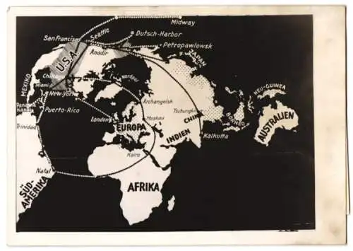 Fotografie Freiheit der Luft, Weltkarte der wichtigsten Flugrouten für die USA 1943