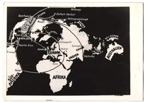 Fotografie Freiheit der Luft, Weltkarte der wichtigsten Flugrouten für die USA 1943