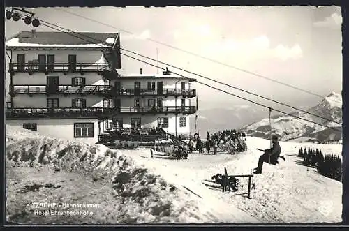 AK Kitzbühel-Hahnenklamm, Hotel Ehrenbachhöhe mit Skifahrern