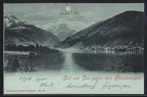 Mondschein-AK Zell am See, Panorama gegen das Kitzsteinhorn