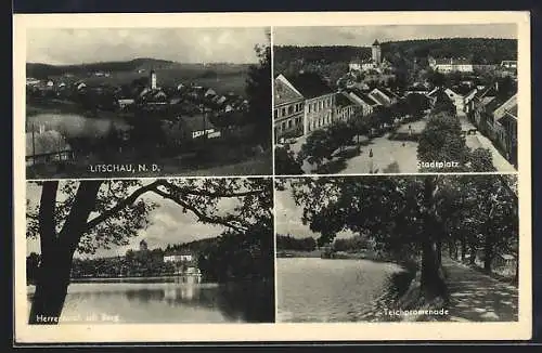 AK Litschau, Stadtplatz, Herrenteich mit Burg, Teichpomenade, Totalansicht