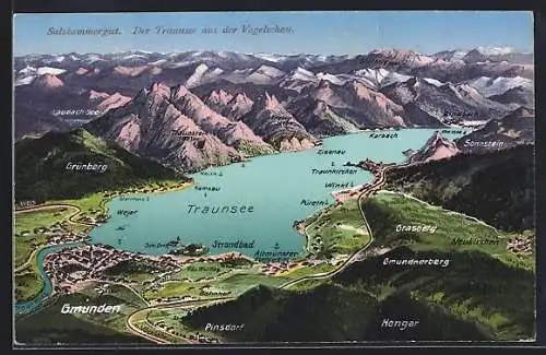 AK Gmunden im Salzkammergut, Der Traunsee aus der Vogelschau mit Weyer, Traunkirchen, Eisenau