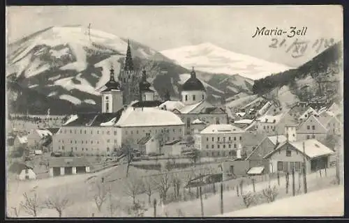 AK Mariazell, Blick auf verschneite Basilika im Winter