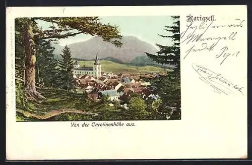 Lithographie Mariazell i. Steiermark, Totale mit Basilika vom Wald aus gesehen