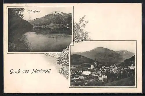 AK Mariazell, Erlaufsee und Panorama mit Kirche