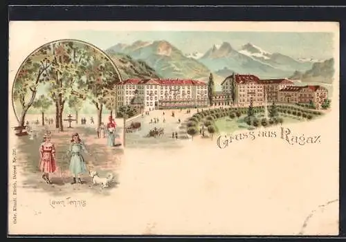 Lithographie Ragaz, Ortsansicht, Lawn Tennis