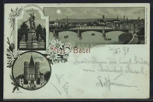 Mondschein-Lithographie Basel, St. Jacobs Denkmal, Spalenthor, Panorama