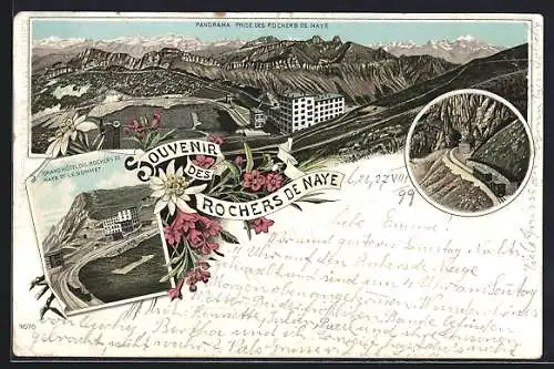 Lithographie Rochers de Naye, Panorama, Grand Hotel & Bergbahn