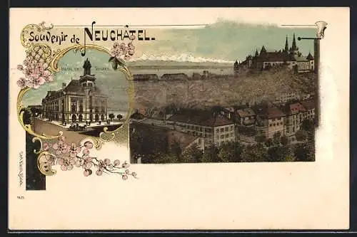 Lithographie Neuchatel, Hotel des Postes, Teilansicht aus der Vogelschau