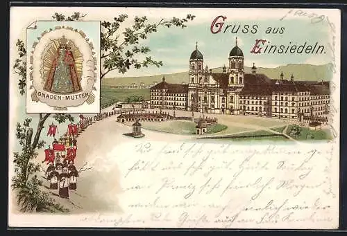 Lithographie Einsiedeln, Prozession vorm Kloster, Gnaden-Mutter