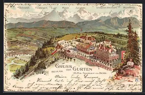 Lithographie Köniz, Hotellerie und Freizeitvergnügen auf dem Gurten