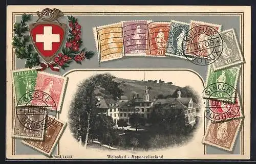 Präge-AK Weissbad /Appenzellerland, Grosses Gebäude, Briefmarken, Wappen