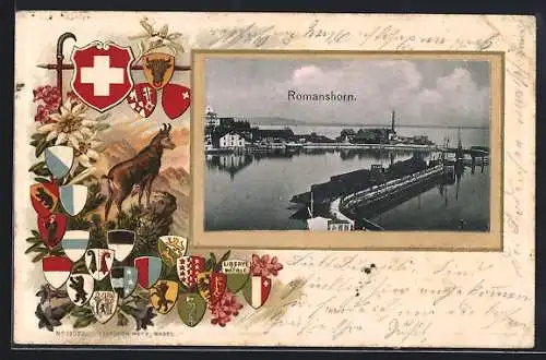 Passepartout-Lithographie Romanshorn, Teilansicht, Wappen der Kantone