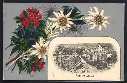 Präge-AK Rüti /Kt. Zürich, Teilansicht aus der Vogelschau, Edelweiss, Enzian und Alpenrosen