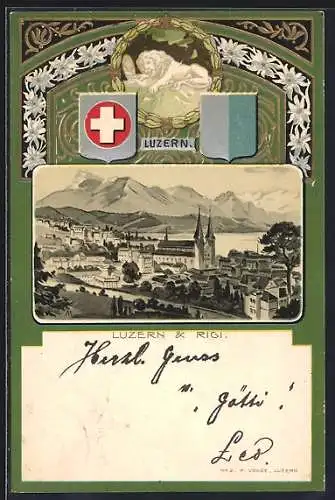 Passepartout-Lithographie Luzern, Ortsansicht mit Rigi, Wappen