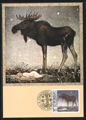 Maximum-AK Die Briefmarke Nun ist es schon halbdunkle Nacht in Gedenken an John Bauer