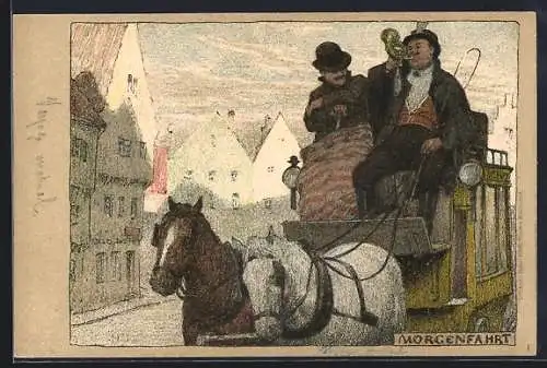 Künstler-Lithographie P. Hey: Morgenfahrt, Fahrt mit der Postkutsche