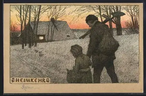 Künstler-Lithographie Paul Hey: Heimkehr eines Vaters mit seiner kleinen Tochter